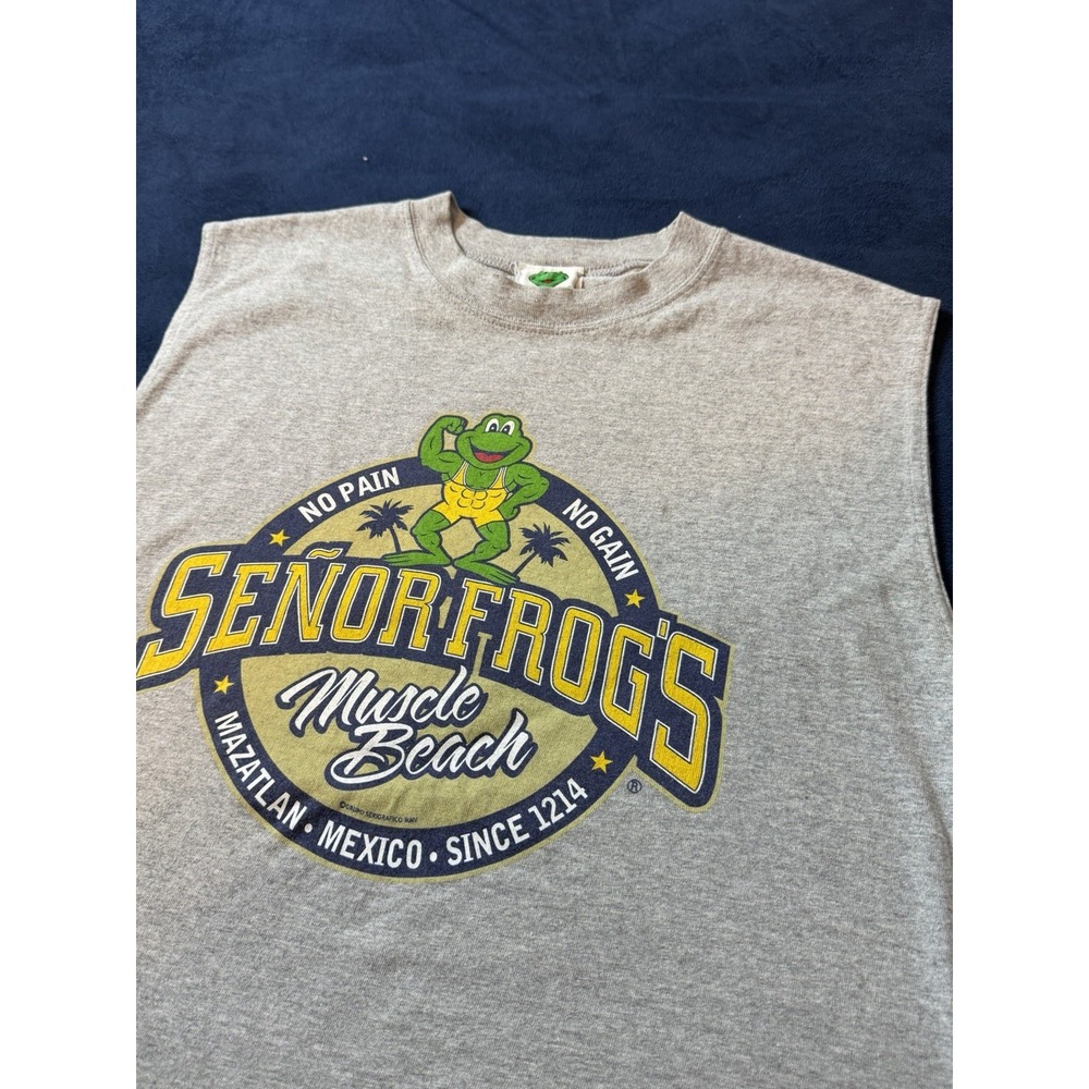 Senor Frogs Muscle Beach Graphic Tank Top Embroidered Frog Gray Y2K Mens Medium